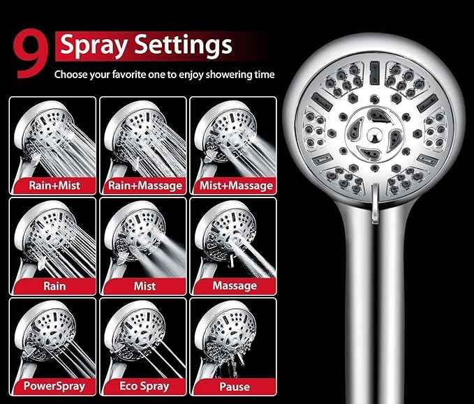 GRICH 2.5GPM Shower Head with Handheld Spray Combo: 2 in 1 Rainfall Shower Heads high pressure & Handheld Shower Head, 9 Spray Modes/Settings Detachable Shower Head with 60 Inch Hose, Chrome Filtered