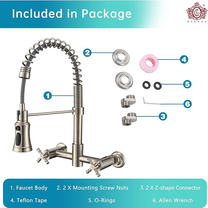 Wall Mount Kitchen Faucet, 8 Inch Center Wall Mount Faucet with Pull Down Sprayer, Commercial Spring Wall Faucet for Kitchen Sink, 3 Functions, Dual Handle, 304 Stainless Steel, Brushed Nickel