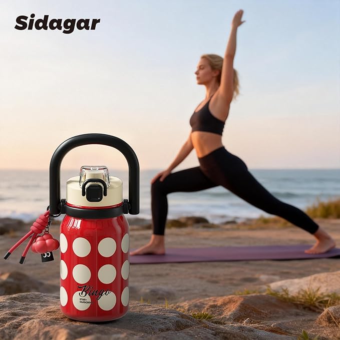32 oz Insulated Water Bottle for Women with Straw & Handle, 316L Medical Grade Stainless Steel Vacuum Tumbler, Leakproof Stylish Sports Flask for Gym & Travel, Vintage Polka Dot - Rose Red