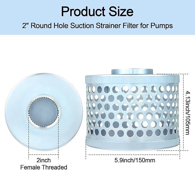Round Hole Suction Strainer Filter for Pumps, Carbon Plated Steel Basket Water Suction Filter, with NPT Female Thread, Reduces Solids Entering Pump (2 inch)