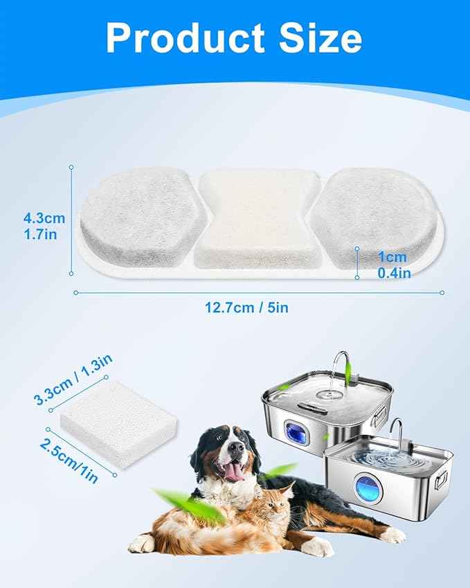 6 PCS Dog Water Filters Replacement Fit for WF120 410oz/3.2Gal/12L & Fit for Zuqqony DYSJ01 Pet Water Fountain, Filter & Sponges for Multi-Pet Homes