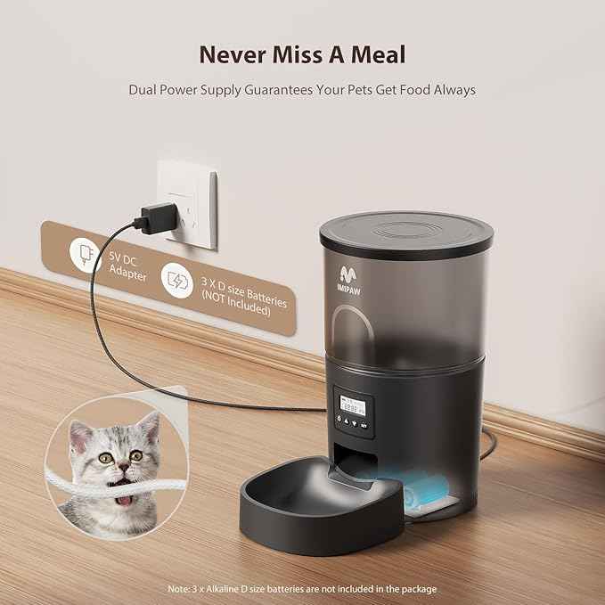 IMIPAW Automatic Cat Feeders, 3L Timed Cat Dry Food Dispenser, Dual Power Supply, Programmable Portion Size, 1-6 Meals Per Day, Auto Pet Feeder for Cats and Small Dogs, with Desiccant Bags