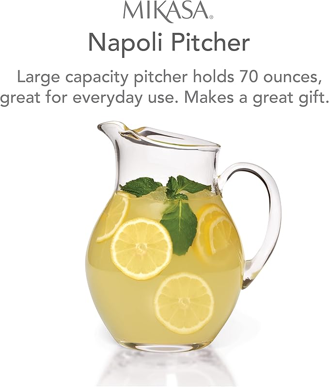 Mikasa Napoli Clear Glass Beverage Pitcher, 70 Ounce Capacity, Durable and Elegant Design for Serving Water, Iced Tea, or Cocktails