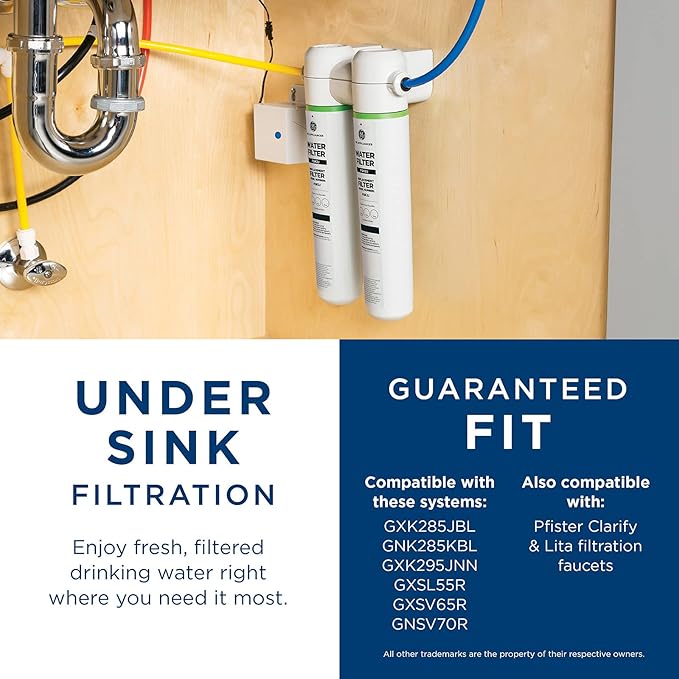 GE Under Sink Water Filter Replacement, Dual Flow, Reduces Sediment, Rust & Other Impurities, Fits GXK255TBN Under Sink Filtration System, Replace Every 6 Months, FQK2J, 2 Filters (Pack of 3)