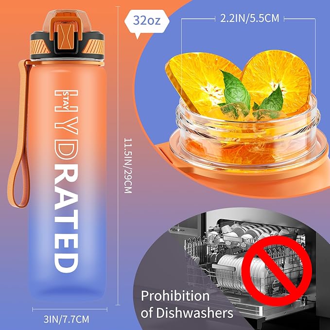 Water Bottle with Straw, 32oz Motivational Water Bottles with Time Marker to Drink, Tritan BPA Free, 1L Sports Water Bottle with Carry Strap LeakProof for Women Gym Fitness Outdoor (1 Pack)