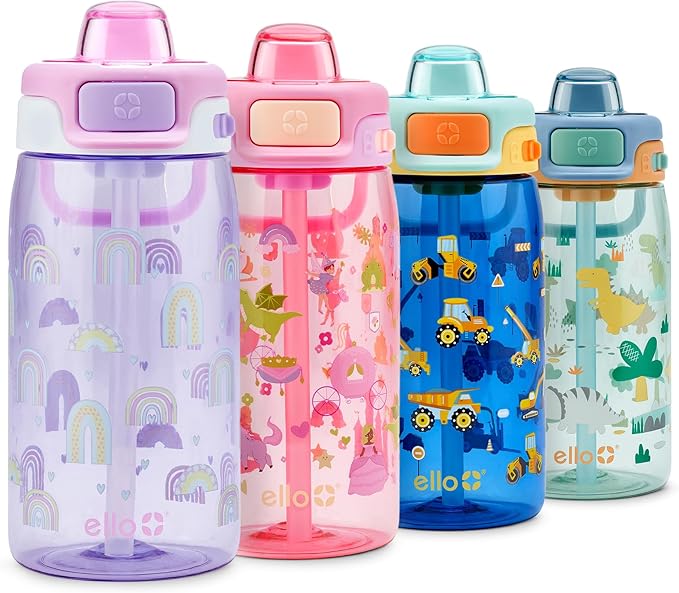 Ello Pop & Fill 16oz Tritan Plastic Kids Water Bottle with Quick Fill Lid | BPA Free Reusable Bottle with Leak Proof Straw and Chug Lid, Dishwasher Safe, Gift For Kids, Rainbows