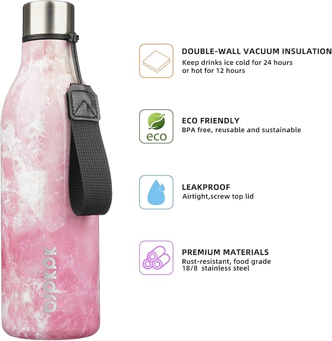 BJPKPK Insulated Water Bottles, 25 oz Stainless Steel Metal Water Bottle with Strap, BPA Free Leak Proof Jugs, Mugs, Flasks, Reusable Thermal Flasks for Sports & Travel, Blossom