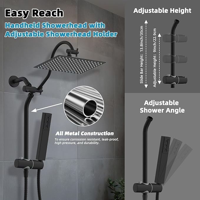 Hibbent cUPC Certified High Pressure 12'' Rainfall Shower Head, Showerhead Combo with 4-mode Handheld Spray, 12'' Adjustable Extension Arm, Extension Bar, Easy Reach Holder, 71'' Hose, Matte Black