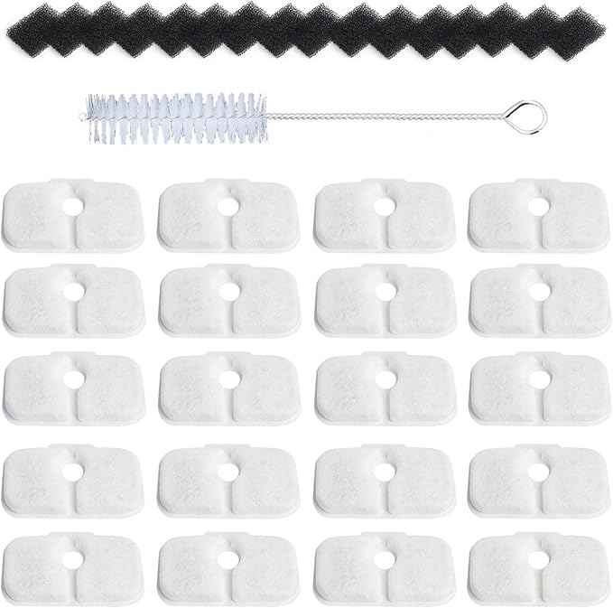 20 Pack Fountain Replacement Filters & 20 Pack Pre-Filter Sponges and a Cleaning Brush for PETLIBRO® Dockstream Cat Water Fountain PLWF005, PLWF105, PLWF115.