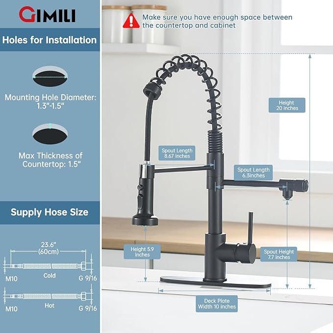 GIMILI Drinking Water Faucet 3 in1 Commercial Style Pull-Down Single Handle Filter Kitchen Faucet for Water Filtration System, Matte Black,Without Water Filtration Device