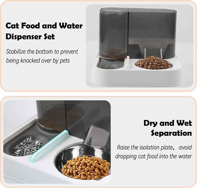 Automatic Gravity Cat Feeder with Stainless Steel Food Bowl, 2 in 1 Cat Feeder and Water Dispenser Combo Detachable Pet Water and Food Dispenser Set for Puppy Kitten Small Dog(Gray)
