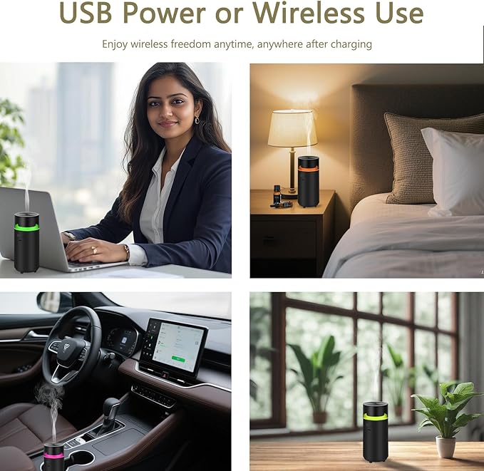 Smart Car Diffuser for Essential Oil,3000 mAH Rechargeable Battery,Cool Mist Aromatherapy Air Freshener Diffuser,Auto On/Off with Car,4/8H Timer Modes,for Bedroom,Office,Travel(Black)
