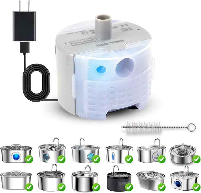Cat Water Fountain Pump, Pet Water Fountain Replacement Pump SMA-800 Submersible Motor for Stainless Steel Indoor Cat Fountain Pump Replacement(Bottom pumping With Adapter&Brush)