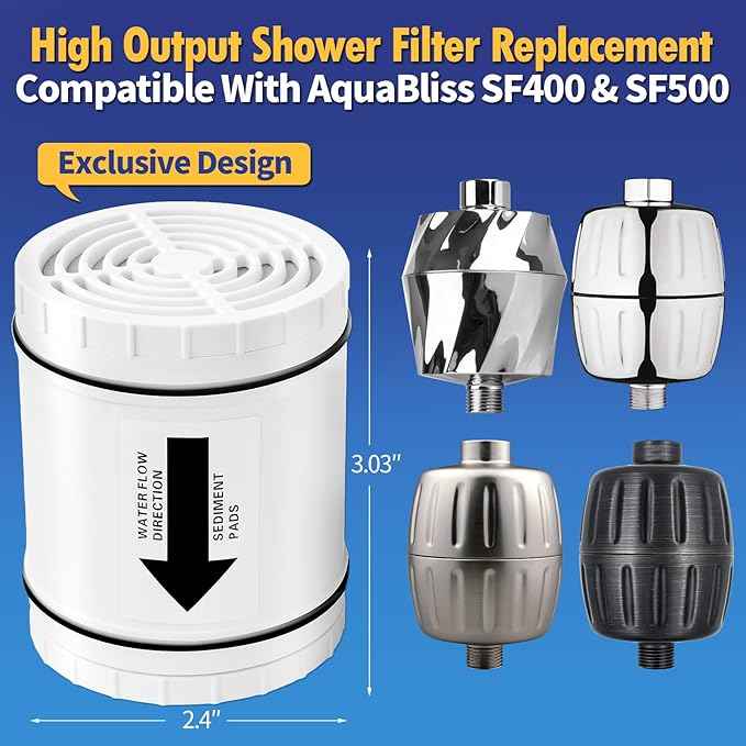 High Output Shower Filter Replacement Compatible With AquaBliss SF400 & SF500, For Hard Water Remove Chlorine And Other Impurities, 3 Pack Shower Filter + 15 Pack Sediment Pads