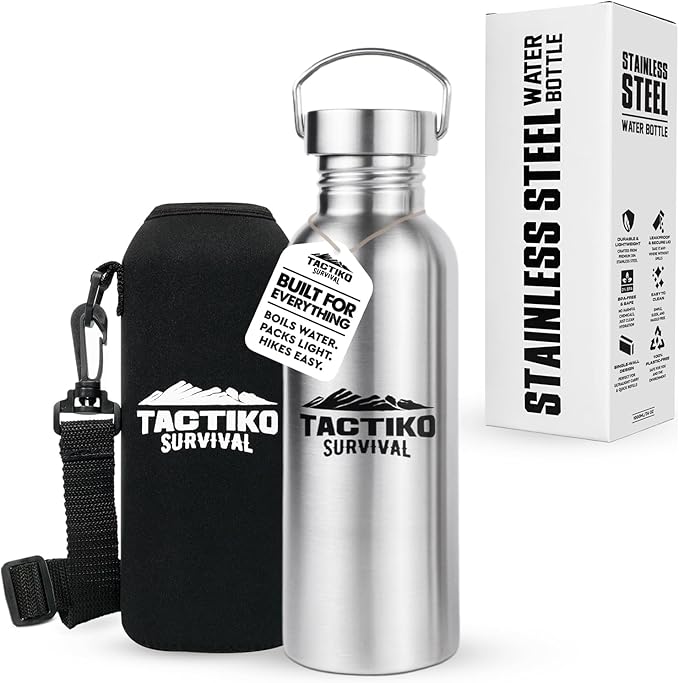 Tactiko Survival 25 oz/750 ml Stainless Steel Wide Mouth Water Bottle, Single Wall Boil-Safe, Leakproof, BPA-Free with Carry Sleeve and Strap for Camping, Hiking, Outdoor Prep (Black)