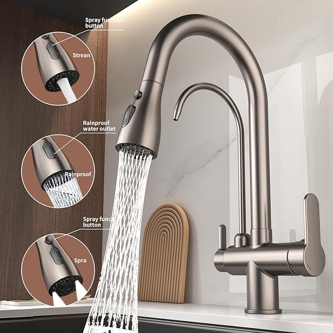 Kitchen Sink Faucet with Pull - Down Sprayer, 2 - Handle 3 - in - 1 Kitchen Sink Filter Faucet, Cold and Hot Mixer Drinking Water Faucet (Grey-02)