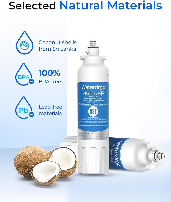 Waterdrop 𝐀𝐥𝐤𝐚𝐥𝐢𝐧𝐞 ADQ73613401 Water Filter, 𝐄𝐧𝐡𝐚𝐧𝐜𝐞𝐬 𝐩𝐇, Replacement for LG® LT800P®, ADQ73613402, ADQ75795104, LSXS26326S, LMXC23746S, LSXS26366S, LSXS26386D, 4 Filters - AquaVibe