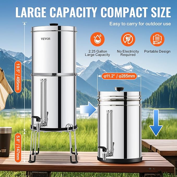 VEVOR Gravity-fed Water Filter System, 2.25G 304 Stainless-Steel Countertop System, Water Filtration System, Reduces Lead and up to 99% of Chlorine, with 2 Carbon Filters, Water Level Spigot, Stand