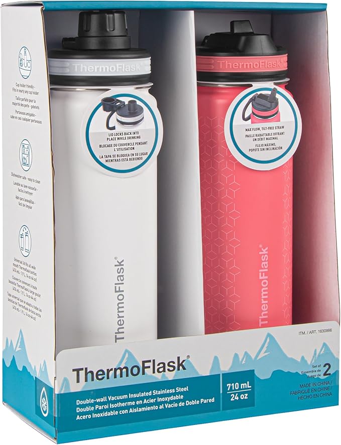 ThermoFlask Stainless Steel Water Bottles 2-Pack - Double-Wall Vacuum Insulated 24 oz BPA-Free Spout Lids - Keeps Drinks Cold 24 Hrs, Hot 12 Hrs - Leakproof, Dishwasher Safe, White/Coral