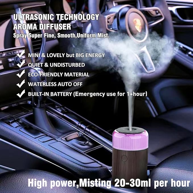 Upgrade Car Diffuser,90ml USB Rechargeable Aroma Essential Oil Aromatherapy Humidifier Diffuser(Built-in Battery Dark Grey Wood Grain)