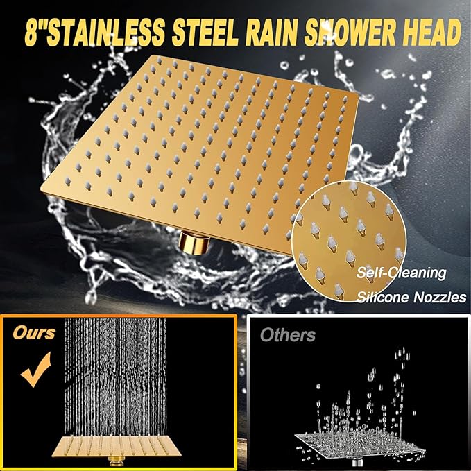 8"High Pressure Square Rain Shower Head and 2-in-1 Hand Shower.Equipped with 78"Hose, 3 Way Diverter Valve,Adhesive Shower Head Holder.(AWAXFOLO Square Shower Head Set gold)