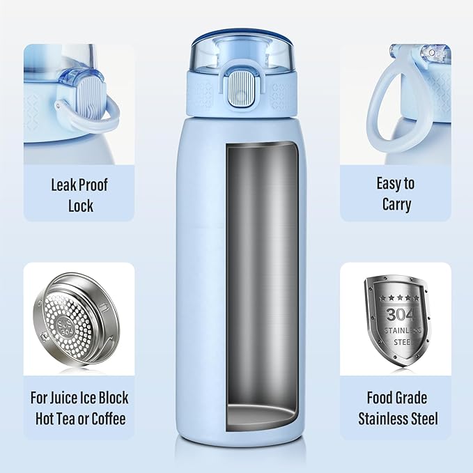 Insulated Water Bottle 18 oz with Dustproof Lid, Carry Handle & Tea Infuser, BPA-Free & Leakproof, Stainless Steel Water Bottles Ideal for Fitness, Hiking, Office & Outdoor Use （Light Blue）