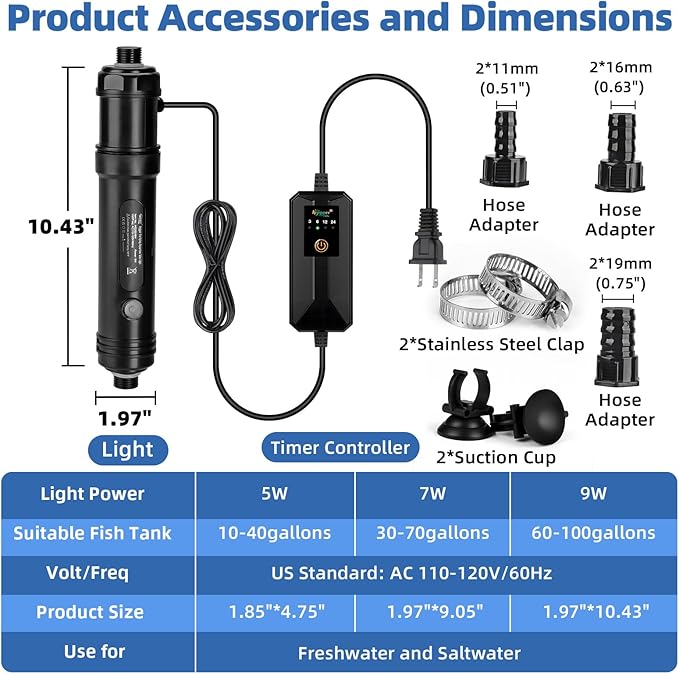 hygger Aquarium U-V Light with Timer, 360° Protective Shield Clean Light for Green Water Clean, Amphibian Aquarium Lamp Bulb for Freshwater Saltwater Fish Tank and Aquarium (9W, 60-100 Gallon)