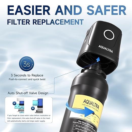 AQUALTRA USF01-BK Under Sink Water Filter System, 12K Gallons, NSF/ANSI 372 Certified, 0.5 μm Carbon Fiber Filter Reduces PFAS (PFOA/PFOS), Chlorine, Lead, Chloramine, Fluoride, Bad Taste & Odor