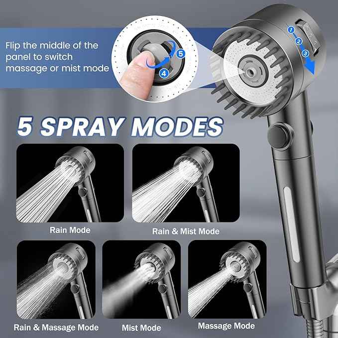 Filtered Shower Head with Handheld, High Pressure 5-Spray Shower Head with Filters for Hard Water, ON/OFF Switch Showerhead for Pets Bath, Shower Heads Filter - Remove Chlorine, Improve Skin and Hair
