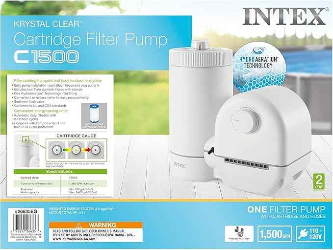 INTEX C1500 Cartridge Filter Pump for AGP: 1500 GPH Pump Flow Rate - Cartridge Gauge Indicator - HydroAeration Technology - Includes Type A Filter Cartridge - Turnover Rate/System Flow 1180 GPH
