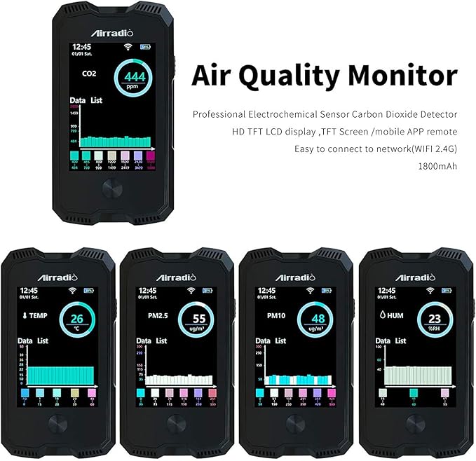 AirRadio Air Quality Monitor Meter A6 Carbon Dioxide Detector Air Quality Pollution Tester for CO2 PM2.5 PM10 Temp Humidity in Indoor Air Quality Meter with Electrochemical Sensor,Black