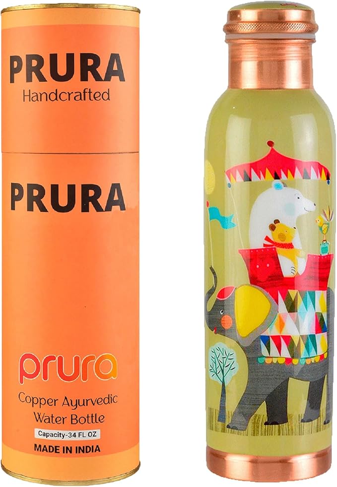 Pure Printed Copper Water Bottle - Leak Proof Ayurvedic Drinkware Copper Vessel for Sports, Gym, Outdoors, Yoga, Health Benefits