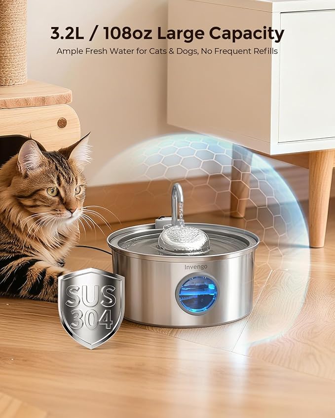 Cat Water Fountain Stainless Steel, 3.2L/108oz Pet Drinking Fountain for Cats Dogs, Automatic Cat Fountain with 2 Flow Modes, Splash-Proof Bowl, Includes 6 Replacement Filters