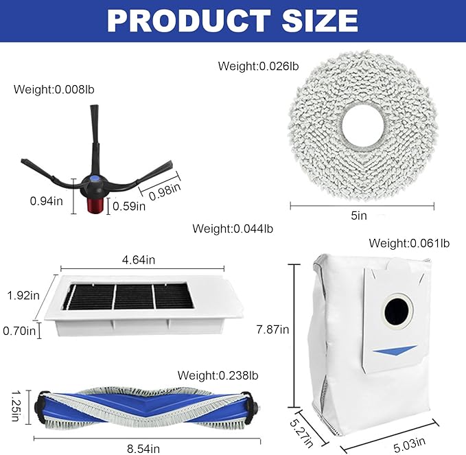 Replacement Accessories Compatible with Yeedi M12 Ultra Plus/ M12 PRO+ Robot Vacuum Cleaner.（2 Main Brush,6 Side Brushes,6 Hepa Filters,6 Mop Pads,6 dust Bags） - AquaVibe