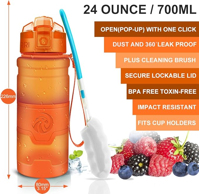 ZORRI Sports Water Bottle, 400/500/700ml/1L, BPA Free Leak Proof Tritan Lightweight Bottles for Outdoors,Camping,Cycling,Fitness,Gym,Yoga- Kids/Adults Drink Bottles with Filter, Lockable Pop Open Lid
