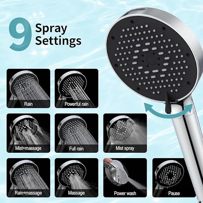NSF Certified Filtered Shower Head with Handheld for Hard Water to Remove Chlorine High Pressure 9-Spray Setting (with Power Wash) Anti-Clog Nozzles (1 Filter, Chrome Silver)