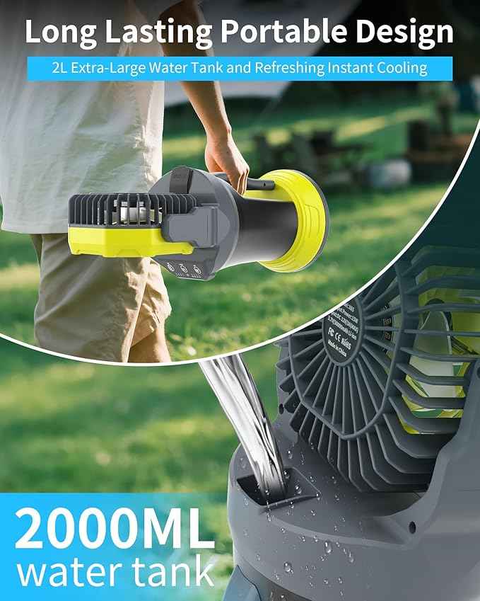 AVV Portable Misting Fan with RGB Ambient Light -2L Water Tank, 4 Speeds & Spray Mist Fan, 30000mAh Rechargeable Misting Fans for Outdoor/Indoor Fans for Camping, Patio, Garden, Grey-Green