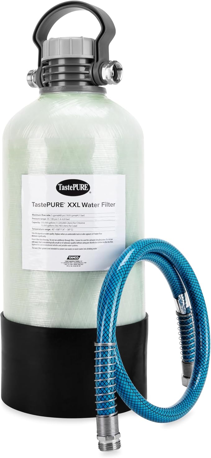 Camco TastePURE XXL Camper/RV Water Filter - Prevents Bacteria Growth & Reduces Bad Taste, Odor & More - Features Long-Term Water Filtration w/GAC & KDF - Includes 4' RV Drinking Water Hose (40015)