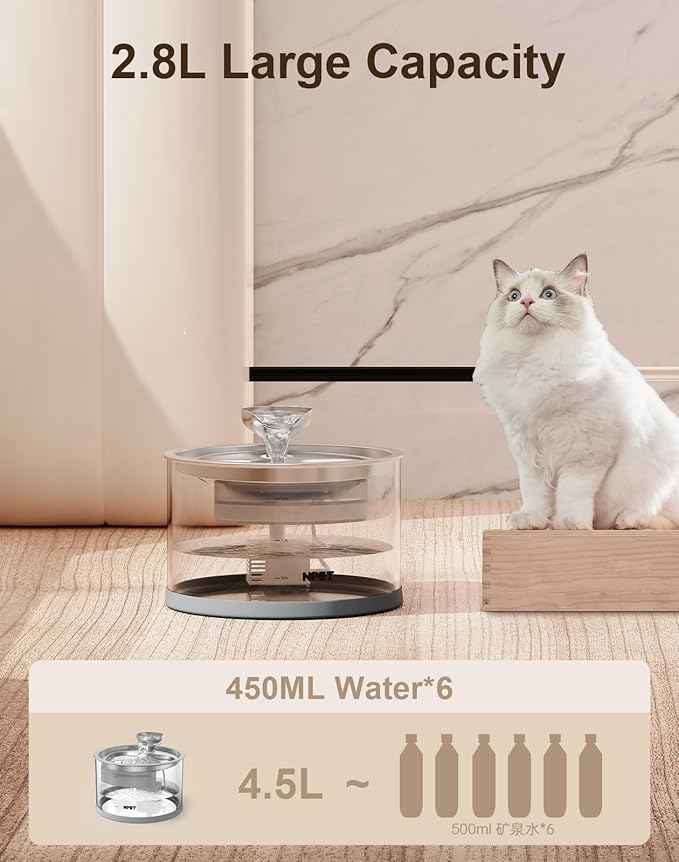 NPET N280 Glass Cat Water Fountain - 2.8L Automatic, Ultra-Quiet Pump with Stainless Steel Tray, Easy to Clean & Eco-Friendly for Cats and Dogs