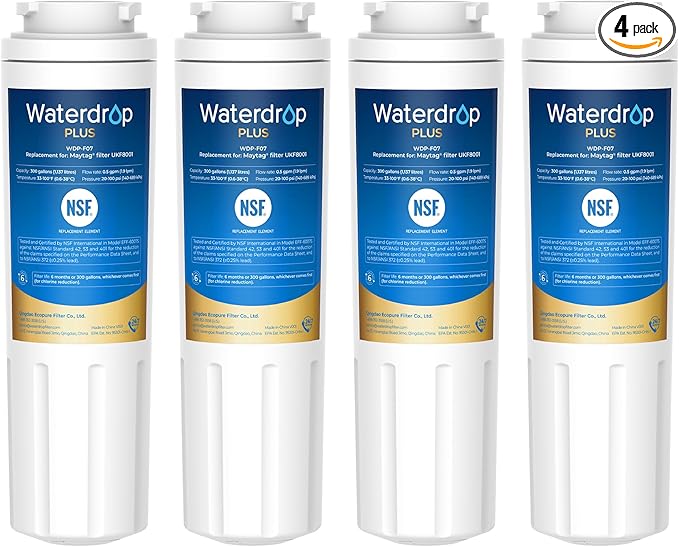 Waterdrop Plus UKF8001 NSF 401,53 Certified Refrigerator Water Filter, 𝐑𝐞𝐝𝐮𝐜𝐞 𝐏𝐅𝐀𝐒, Replacement for Whirlpool® Everydrop® Filter 4, EDR4RXD1, Maytag® UKF8001AXX, 4 Filters - AquaVibe