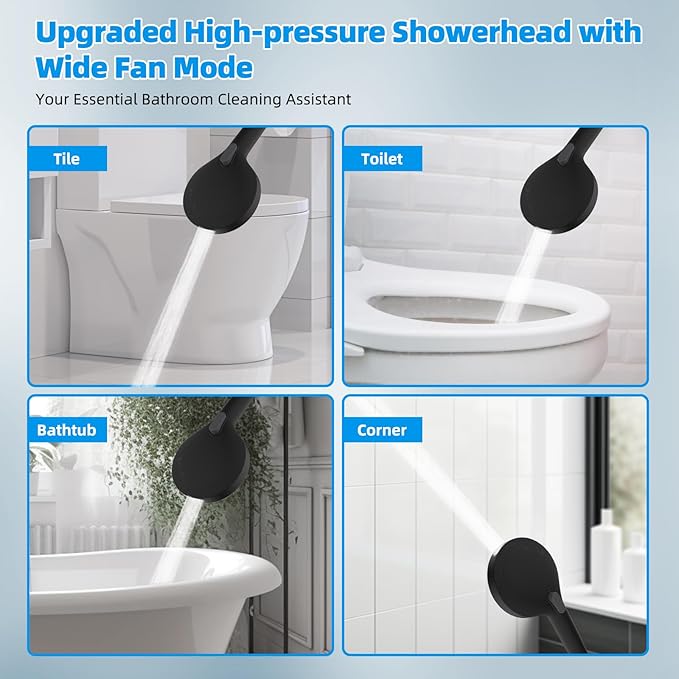 Hibbent All Metal Shower Head, 8'' High Pressure Rainfall Shower Head, Handheld Showerhead Combo with 12'' Adjustable Curved Extension Arm, 10-Spray, 71'' Hose, Adhesive Showerhead Holder, Matte Black