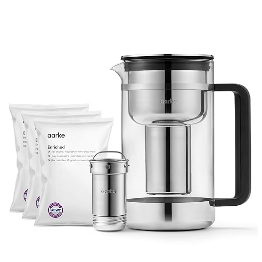 Aarke Purifier Large Glass Pitcher Bundle w/Steel Filter, BPA-Free, 3 Enriched + 1 Pure Granules, 2.8L Pitcher with 1.66L Filtration Capacity