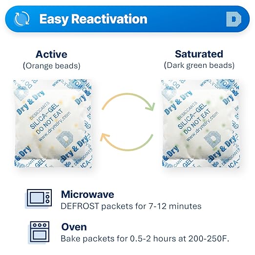 Dry & Dry 50 Gram [100 Packets] Orange Indicating Silica Gel Packets Desiccants - Food Safe Silica Packs, Silica Gel, Silica Packets, Desiccant Packs for Food Storage
