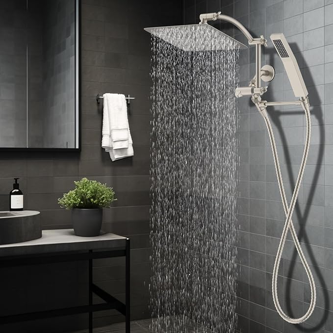 Hibbent All Metal 10'' Rainfall Shower Head, Dual Shower Head Combo, High Pressure Handheld Shower Wand, 16'' Adjustable Arc-shaped Shower Extension Arm, 71'' Hose, Showerhead Holder, Brushed Nickel