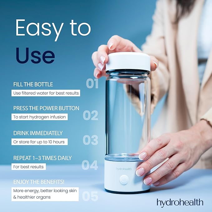 Hydrohealth Hydrogen Water Bottle for Kidney Health – 1600PPB Hydro Health Rechargeable Bottle with SPE/PEM Tech – Water Hydrogen for Daily Use | Turbocharge Energy, Strength & Metabolism
