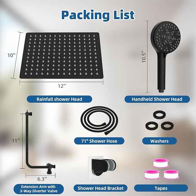 12" All Metal Shower Head, High Pressure Rainfall Shower Head/Handheld Showerhead Combo with 11" Adjustable Shower Extension Arm, 71" Hose, Shower Head Holder, Matte Black