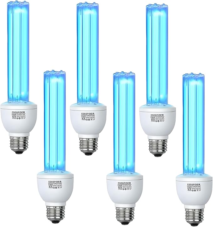 6 Pack 25 Watts UVC Light Bulb Ozone Free, Replacement UV Light Bulb for Bedroom/Bathroom/Closet/Kitchen, 253.7nm Wavelength Covers up to 400sq.ft, E26 110V CTUV-25