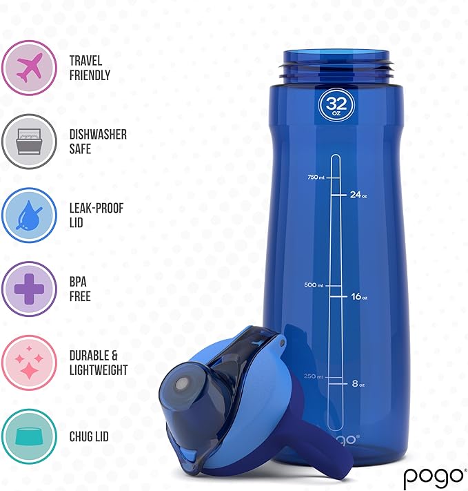Pogo BPA-Free Tritan Plastic Water Bottle with Chug Lid, 32 Oz, Blue