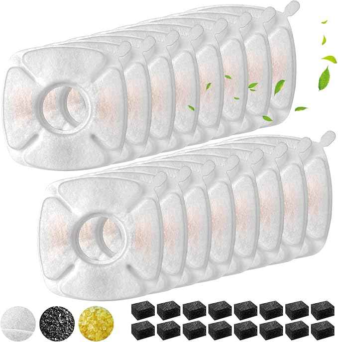 32 Pcs Cat Fountain Replacement Filters 16 Pack Cat Water Fountain Replacement Filters with 16 Pack Pre-Filter Sponges, Filter Fit for 95oz/2.8L Automatic Pet Fountain Cat Water Fountain