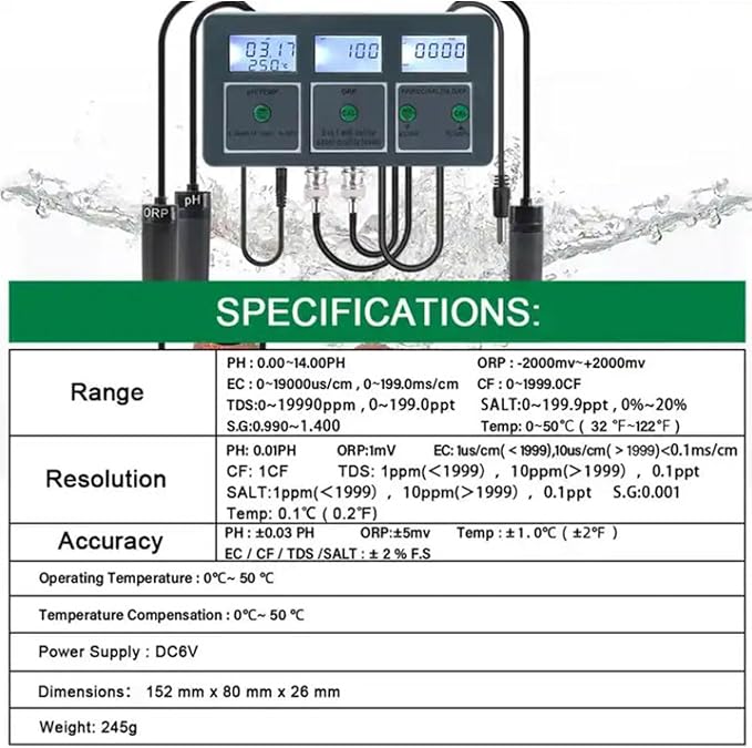 Smart Water Quality Detector, Data Logger Temp TDS Salinity S.G. EC ORP Water Tester Monitor Analyzer, Aquarium Water Quality Tester Digital Meter, WiFi PH Meter, for Aquariums Pools Hydroponics